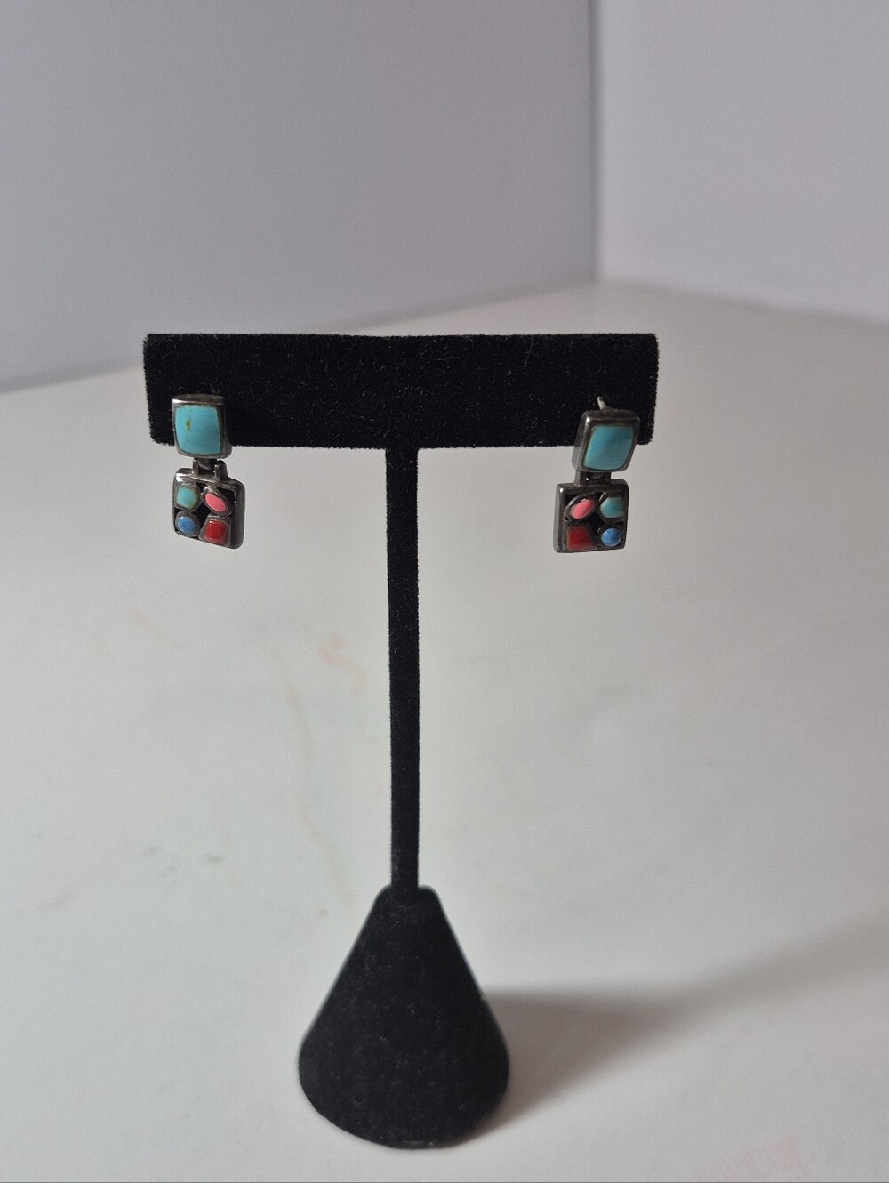 Southwestern-Style Sterling Silver Drop Earrings Mosaic Inlay Turquoise Signed